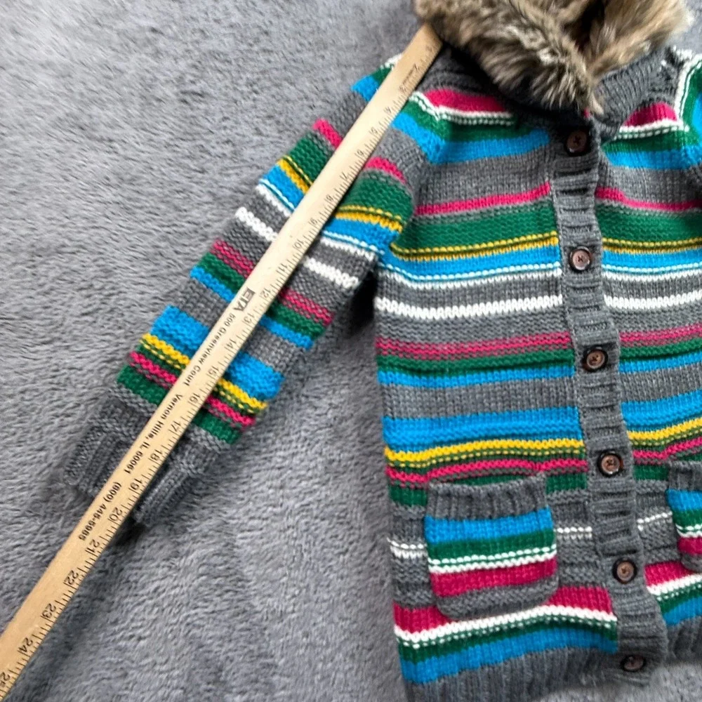 Hanna Andersson 130 Kids Striped Cardigan Faux Fur Collar Wool Blend Jacket - Picture 5 of 6